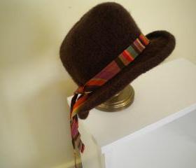 Felted brown cloche hat with ribbon band or flower trim