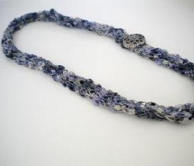 Necklace hand knit with blue.gray and silver ribbon yarn